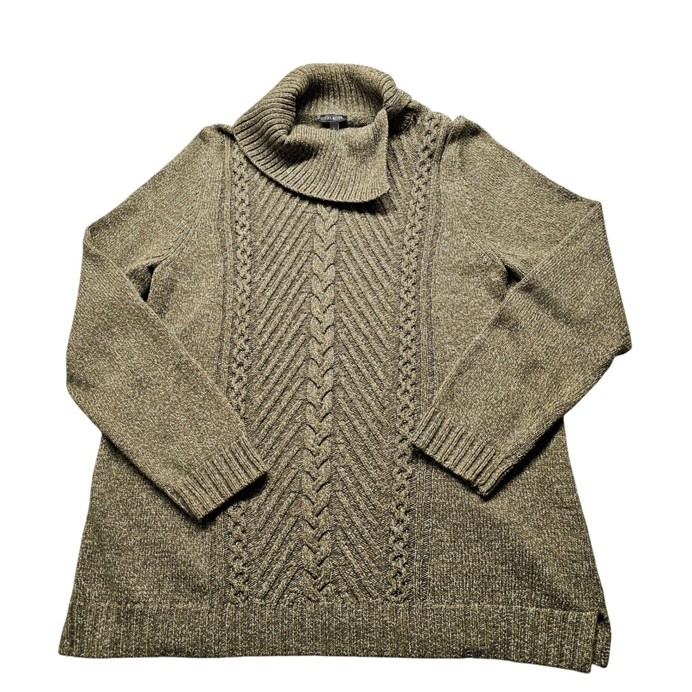 Talbots Womens Large Green Cotton Cable Knit Split Textured Cowl Neck Sweater
